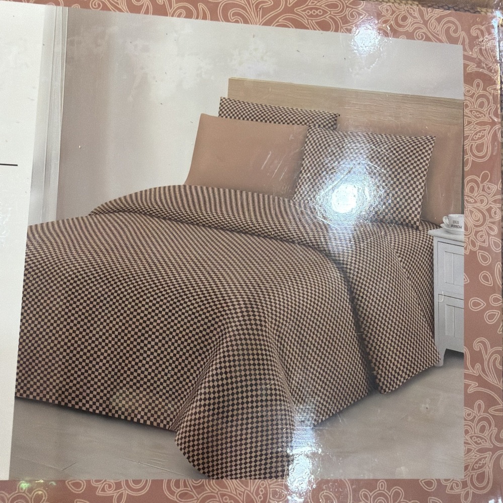 Mrs Bella Home King Bamboo Sheet Set 4-Piece Brown Check Pattern